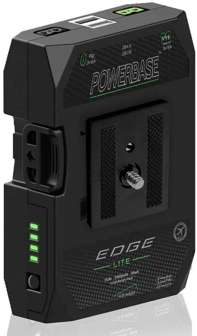 Alt view image 2 of 6 - Core SWX PowerBase Edge Lite 49Wh 14.8V Small Form Cine Base Lithium-Ion Battery Pack Bundle with Coiled D-Tap to 2-Pin Cable, D-Tap Charger