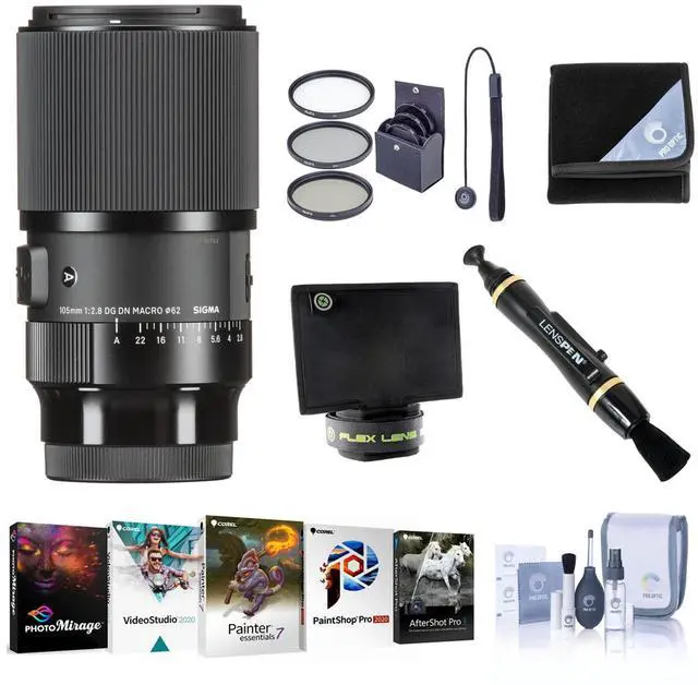Main image of Sigma 105mm f/2.8 DG DN ART Macro Lens for Sony E, Bundle with PC Software Kit, 62mm Filter Kit, Lens Wrap, Lens Shade, Cleaner, Cleaning Kit, Lens Cap Tether