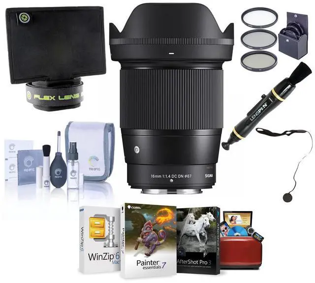 Main image of Sigma 16mm f/1.4 DC DN Contemporary Lens for Fujifilm X, Bundle with ProOptic 67mm Filter Kit, Cleaning Kit, Cap Keeper, Flex Lens Shade, Lens Cleaner, Mac Software Kit