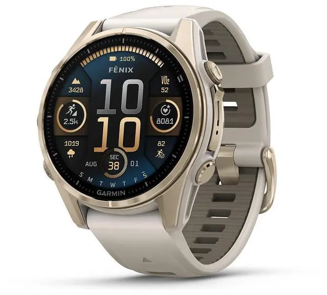 Alt view image 2 of 15 - Garmin fnix® 8 - 43mm, AMOLED, Sapphire, Premium Multisport GPS Smartwatch, Long-Lasting Battery Life, Dive-Rated, Built-in LED Flashlight, Soft Gold with Dark Sandstone Band