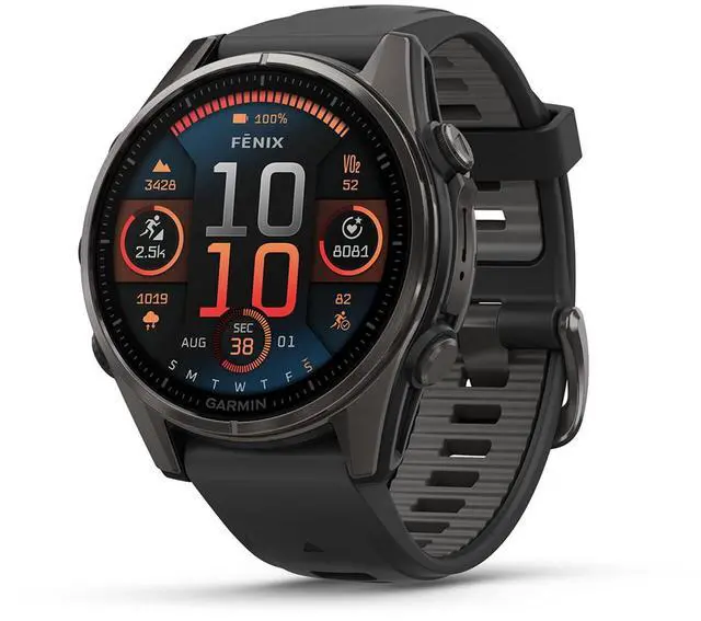 Alt view image 2 of 8 - Garmin fnix® 8 - 43mm, AMOLED, Sapphire, Premium Multisport GPS Smartwatch, Long-Lasting Battery Life, Dive-Rated, Built-in LED Flashlight, Carbon Gray DLC Titanium with Pebble Gray Band