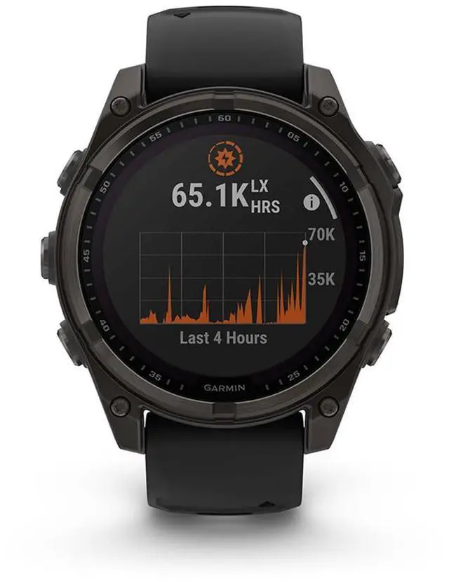 Alt view image 10 of 15 - Garmin fnix® 8 - 47 mm, Solar, AMOLED, Sapphire, Premium Multisport GPS Smartwatch, Long-Lasting Battery Life, Dive-Rated, Built-in LED Flashlight, Carbon Gray DLC Titanium with Pebble Gray Band