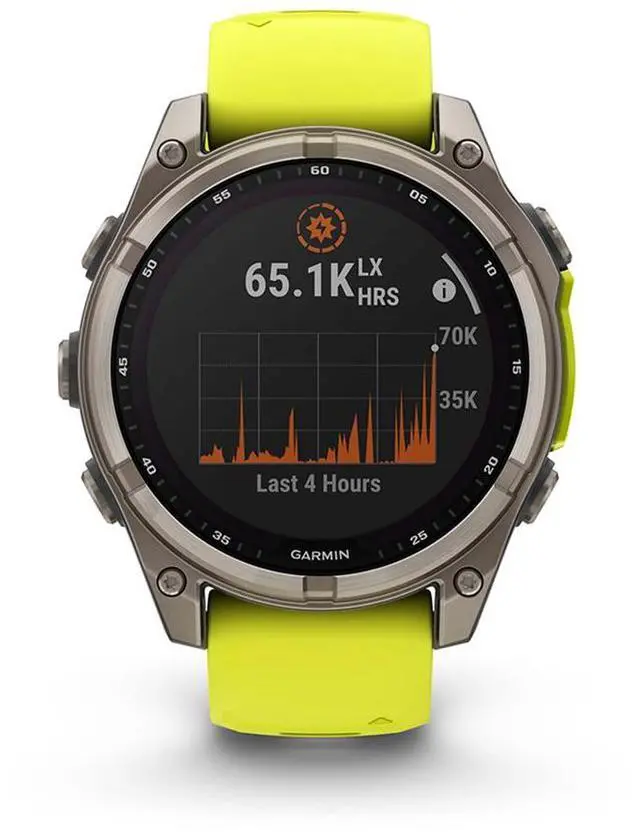 Alt view image 3 of 15 - Garmin fnix® 8 - 47 mm, Solar, AMOLED, Sapphire, Premium Multisport GPS Smartwatch, Long-Lasting Battery Life, Dive-Rated, Built-in LED Flashlight, Titanium with Amp Yellow/Graphite Band