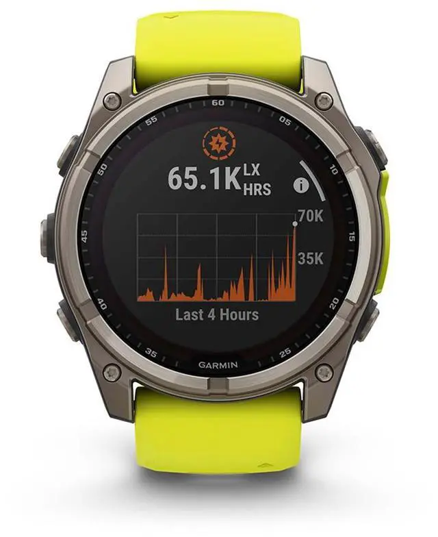 Alt view image 3 of 8 - Garmin fnix® 8 - 51 mm, Solar, AMOLED, Sapphire, Premium Multisport GPS Smartwatch, Long-Lasting Battery Life, Dive-Rated, Built-in LED Flashlight, Titanium with Amp Yellow/Graphite Band