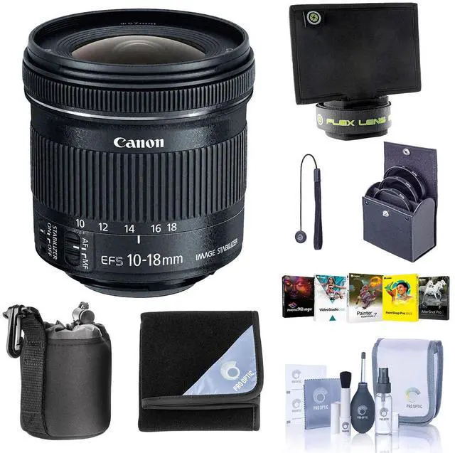 Main image of Canon EF-S 10-18mm f/4.5-5.6 IS STM Lens, Bundle with ProOptic 67mm Filter Kit, Flex Lens Shade, Lens Case, Cleaning Kit, Lens Cap Tether, Lens Wrap (15x15), Software Kit