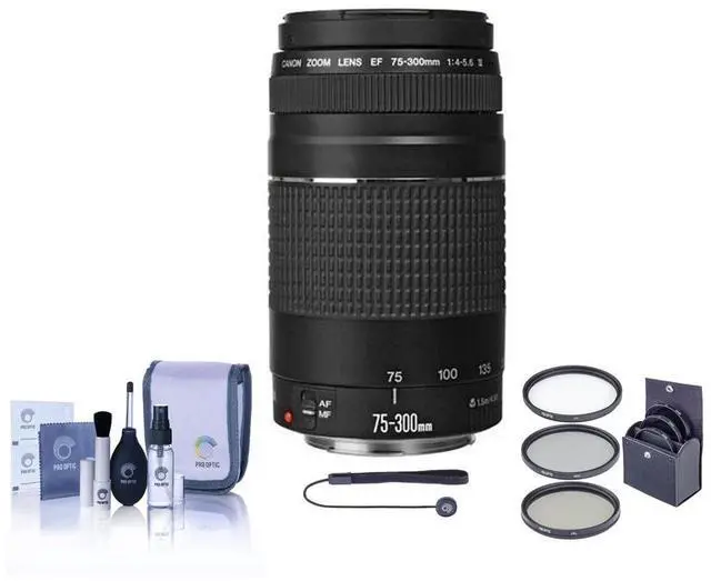 Main image of Canon EF 75-300mm f/4-5.6 III Lens, Bundle with ProOptic 58mm MC UV Filter, Lens Cap Tether, Professional Lens Cleaning Kit