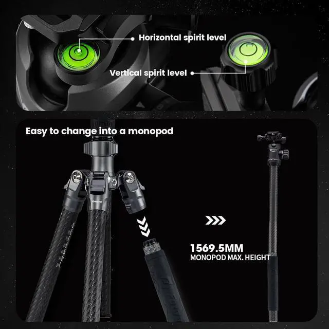 Alt view image 3 of 7 - FotoPro Sherpa Max 4-Section CF Tripod/Monopod with FPH-62QS Ball Head, Black