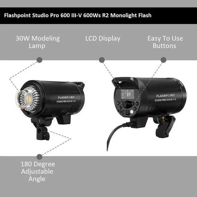 Alt view image 7 of 7 - Flashpoint Studio Pro 600 III-V 600W R2 Flash 2-Light Kit with LED Lamp, Bundle with Stands, Softbox and Umbrella