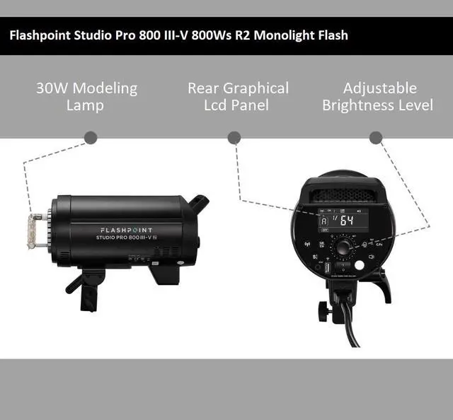 Alt view image 7 of 7 - Flashpoint Studio Pro 800 III-V 800W R2 Flash 2-Light Kit with LED Lamp, Bundle with Stands, Softbox and Umbrella