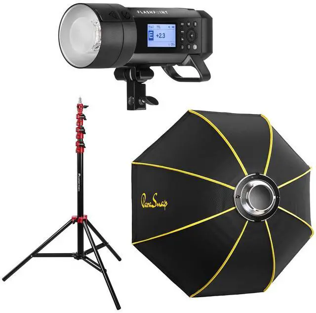 Main image of Flashpoint XPLOR 400 Pro Compact TTL R2 Monolight, Bundle with Glow ParaSnap 44" Octa Softbox, 9.5' Air Cushioned Light Stand
