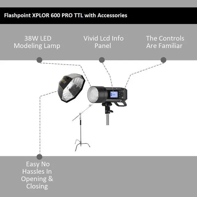 Alt view image 5 of 7 - Flashpoint XPLOR 600 PRO TTL + Octa Quick XL Softbox(Bowens Mount) 48" + C Stand