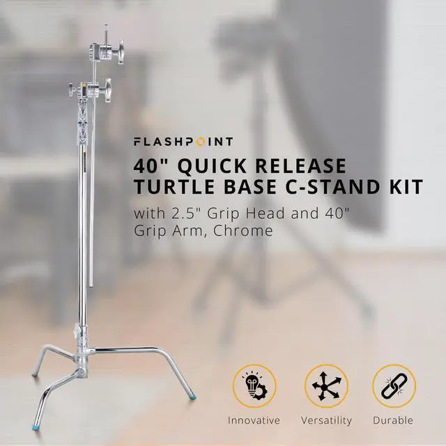 Alt view image 2 of 7 - Flashpoint 40" Quick Release Turtle Base C-Stand Kit with 2.5" Grip Head & 40" Grip Arm (Chrome)