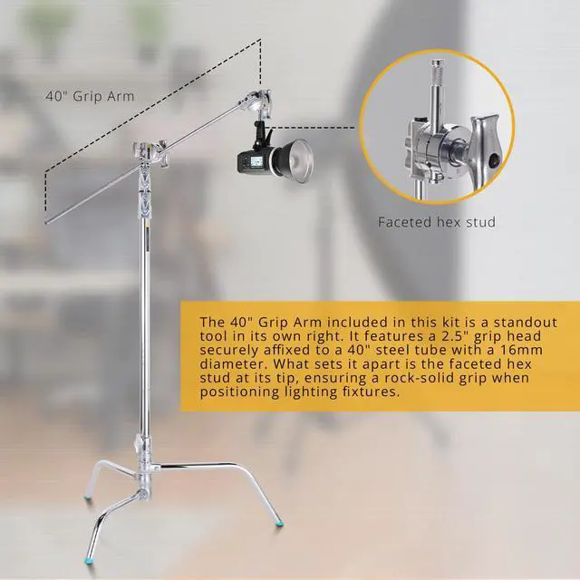 Alt view image 3 of 7 - Flashpoint 40" Quick Release Turtle Base C-Stand Kit with 2.5" Grip Head & 40" Grip Arm (Chrome)