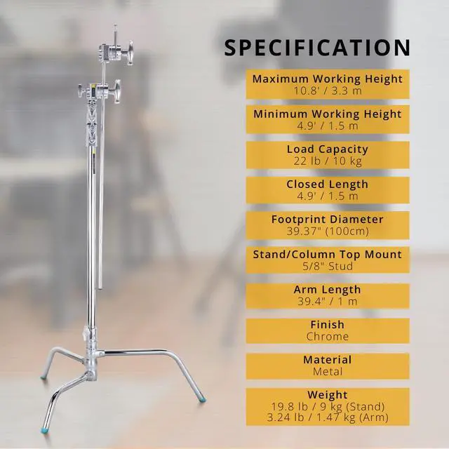 Alt view image 5 of 7 - Flashpoint 40" Quick Release Turtle Base C-Stand Kit with 2.5" Grip Head & 40" Grip Arm (Chrome)