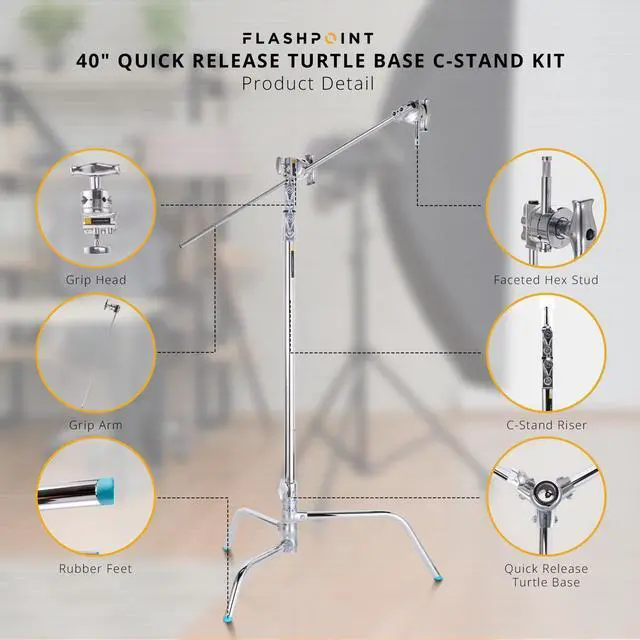 Alt view image 6 of 7 - Flashpoint 40" Quick Release Turtle Base C-Stand Kit with 2.5" Grip Head & 40" Grip Arm (Chrome)