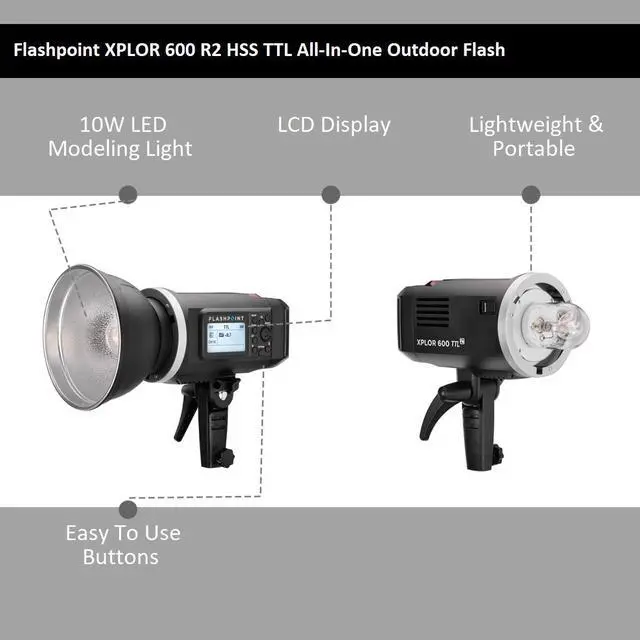 Alt view image 3 of 5 - Flashpoint XPLOR 600 HSS TTL Battery-Powered Monolight with Built-in R2 2.4GHz Radio Remote System - Bowens Mount (AD600 TTL) + Glow EZ Lock Deep Parabolic Quick Softbox (48")