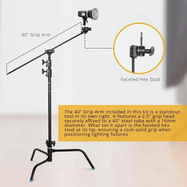 Alt view image 2 of 7 - Flashpoint 40" Quick Release Turtle Base C-Stand Kit with 2.5" Grip Head & 40" Grip Arm (Black)