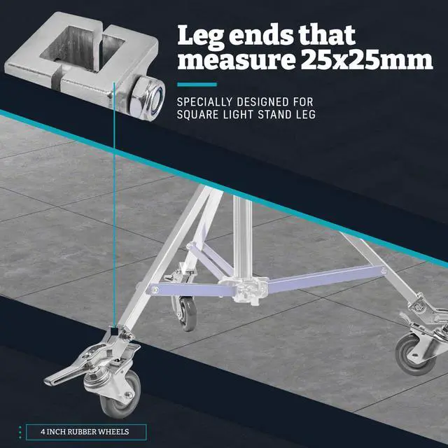 Alt view image 4 of 7 - Flashpoint Wheel Set with Brakes for 25x25mm Square Light Stand Leg, 3-Pack