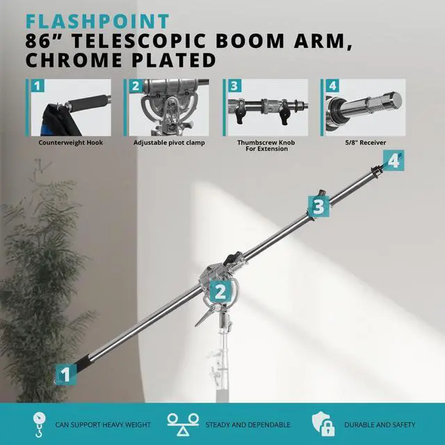 Alt view image 4 of 7 - Flashpoint Turtle Base C-Stand and Cross Arm Boom Kit (Chrome, 10.5')