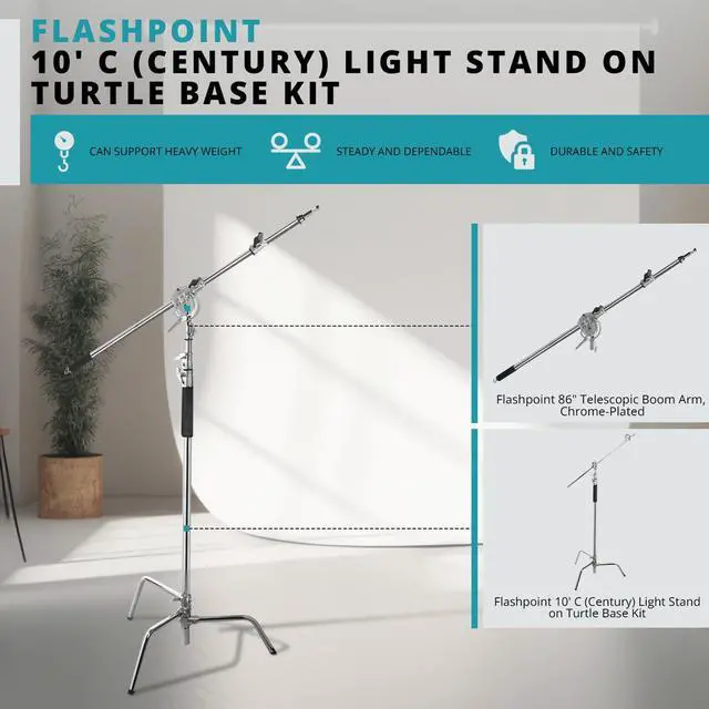 Alt view image 7 of 7 - Flashpoint Turtle Base C-Stand and Cross Arm Boom Kit (Chrome, 10.5')