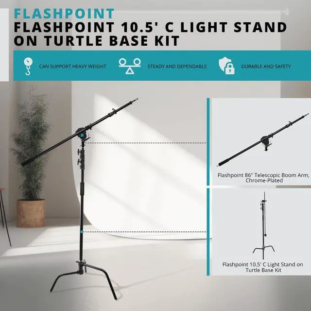 Alt view image 4 of 7 - Flashpoint Turtle Base C-Stand and Cross Arm Boom Kit (Black, 10.5')