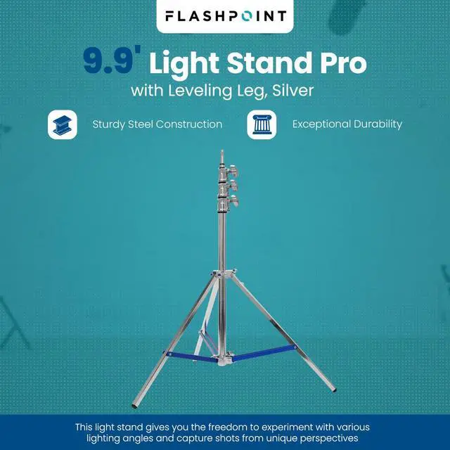Alt view image 2 of 7 - Flashpoint Flashpoint 9.9ft Steel Light Stand Pro with Leveling Leg, Silver, Max Load 22lb