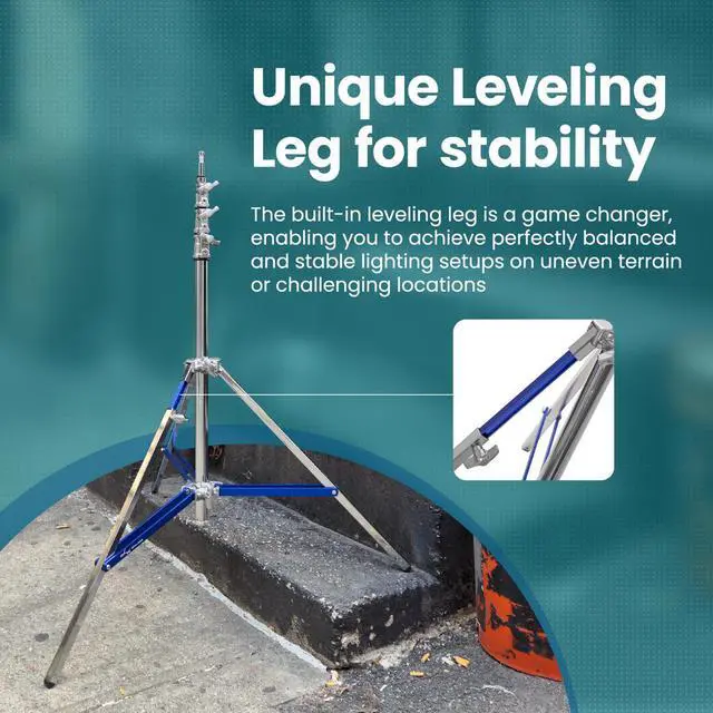 Alt view image 4 of 7 - Flashpoint Flashpoint 9.9ft Steel Light Stand Pro with Leveling Leg, Silver, Max Load 22lb