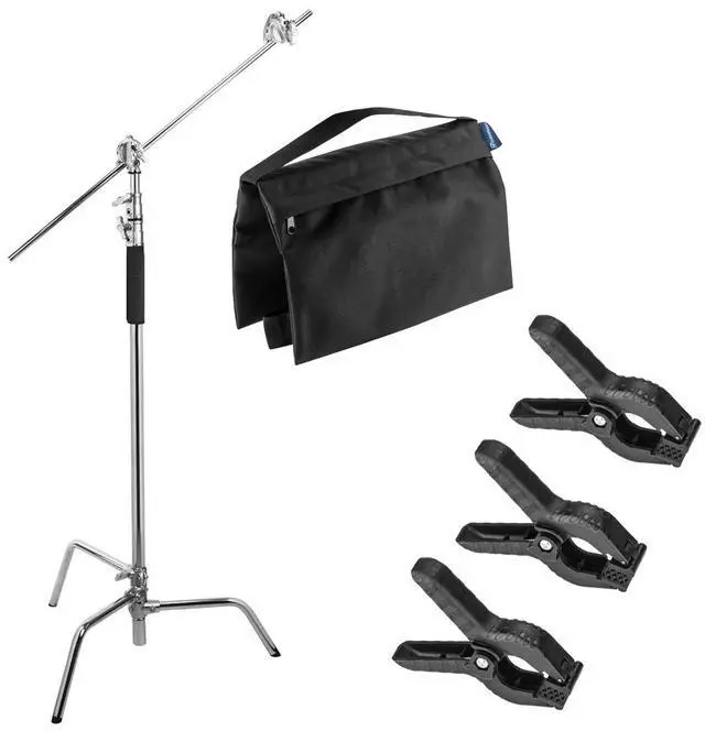 Main image of Flashpoint 10' C Light Stand on Turtle Base Kit, Chrome, Bundle with Spring Clamps and Saddle Sandbag