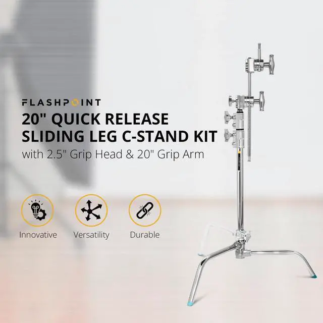 Alt view image 2 of 7 - Flashpoint 20" Quick Sliding Leg C-Stand Kit with 2.5" Grip Head & 20" Grip Arm (Chrome)