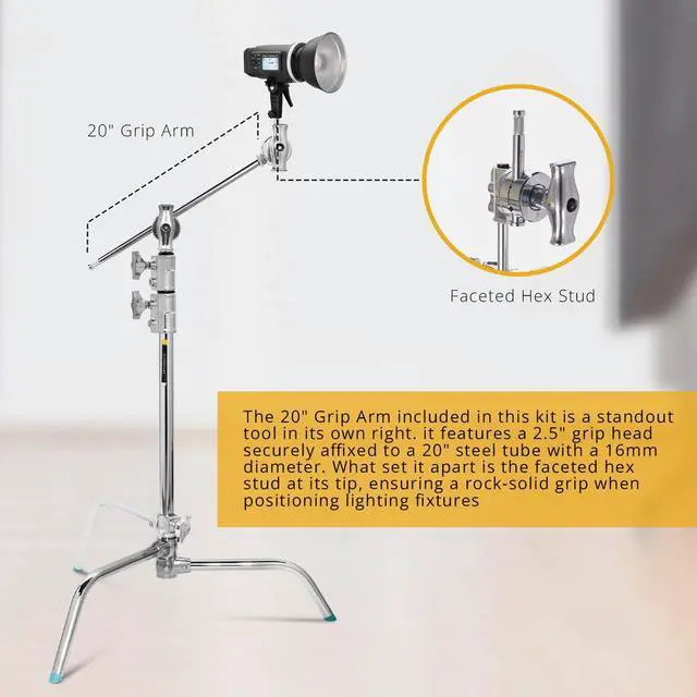 Alt view image 3 of 7 - Flashpoint 20" Quick Sliding Leg C-Stand Kit with 2.5" Grip Head & 20" Grip Arm (Chrome)
