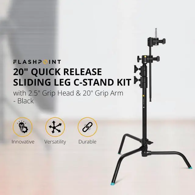 Alt view image 2 of 7 - Flashpoint 20" Quick Sliding Leg C-Stand Kit with 2.5" Grip Head & 20" Grip Arm (Black)