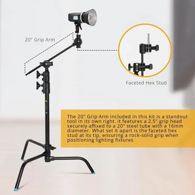 Alt view image 3 of 7 - Flashpoint 20" Quick Sliding Leg C-Stand Kit with 2.5" Grip Head & 20" Grip Arm (Black)