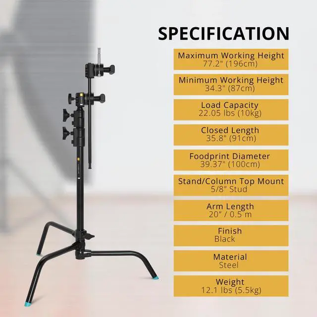 Alt view image 6 of 7 - Flashpoint 20" Quick Sliding Leg C-Stand Kit with 2.5" Grip Head & 20" Grip Arm (Black)