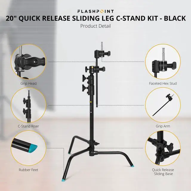 Alt view image 7 of 7 - Flashpoint 20" Quick Sliding Leg C-Stand Kit with 2.5" Grip Head & 20" Grip Arm (Black)