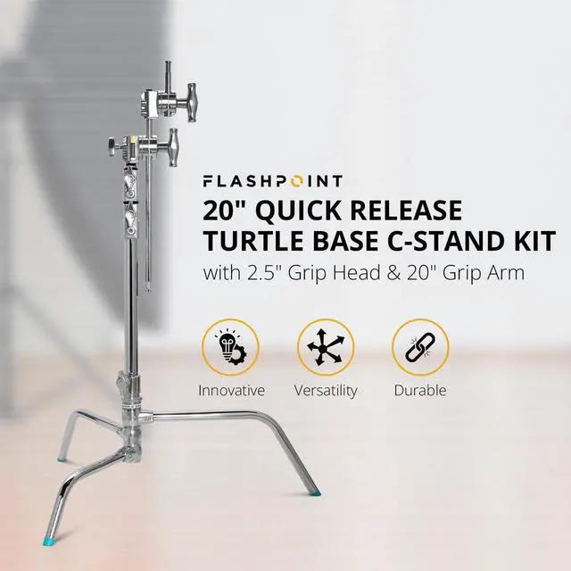 Alt view image 2 of 7 - Flashpoint 20" Quick Release Turtle Base C-Stand Kit with 2.5" Grip Head & 20" Grip Arm (Chrome)