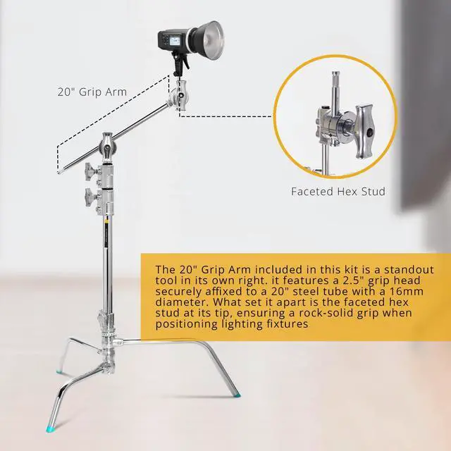 Alt view image 3 of 7 - Flashpoint 20" Quick Release Turtle Base C-Stand Kit with 2.5" Grip Head & 20" Grip Arm (Chrome)