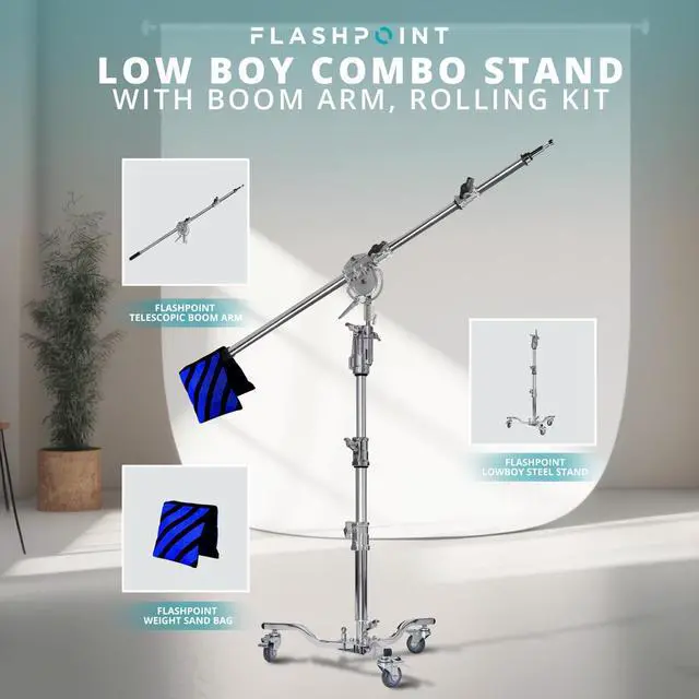 Alt view image 5 of 7 - Flashpoint Flashpoint 3.8' Lowboy Steel Stand, with 86" Telescopic Boom Arm and Weight Bag