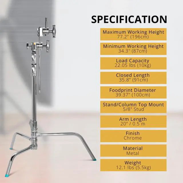 Alt view image 7 of 7 - Flashpoint 20" Quick Release Turtle Base C-Stand Kit with 2.5" Grip Head & 20" Grip Arm (Chrome)