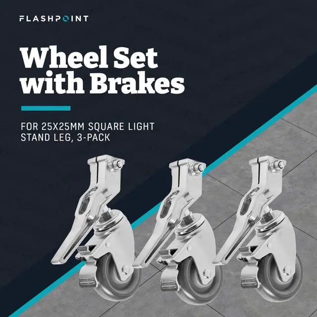 Alt view image 2 of 7 - Flashpoint Wheel Set with Brakes for 25x25mm Square Light Stand Leg, 3-Pack