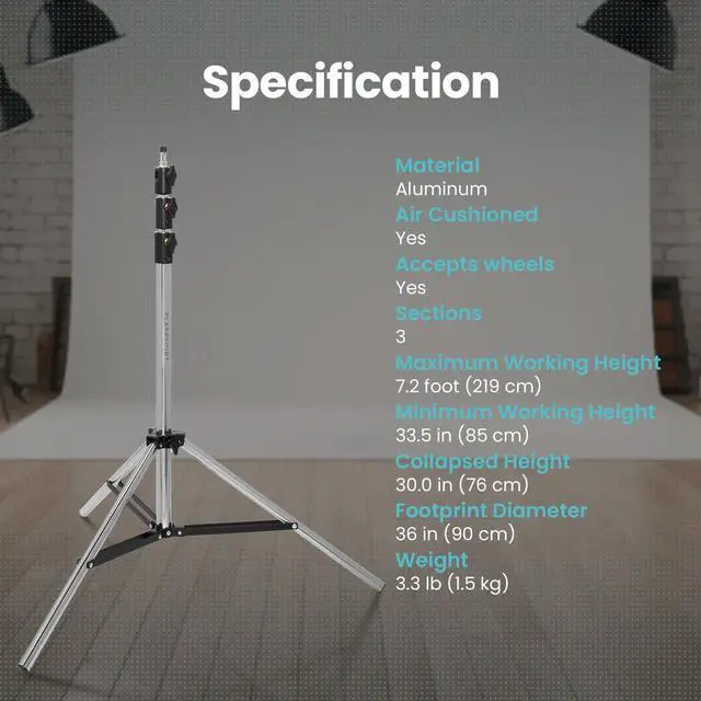 Alt view image 7 of 7 - Flashpoint Pro Air-Cushioned Heavy-Duty Light Stand (Chrome, 7.2')