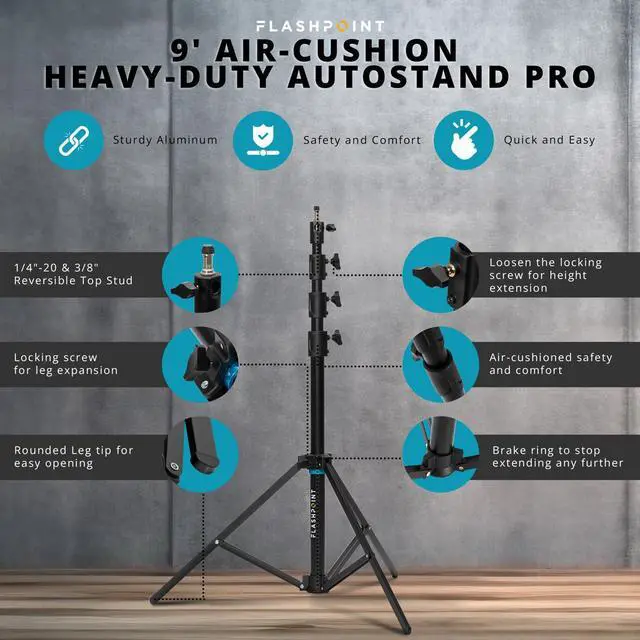 Alt view image 5 of 7 - Flashpoint Pro Heavy-Duty Air-Cushioned Auto Light Stand (9')