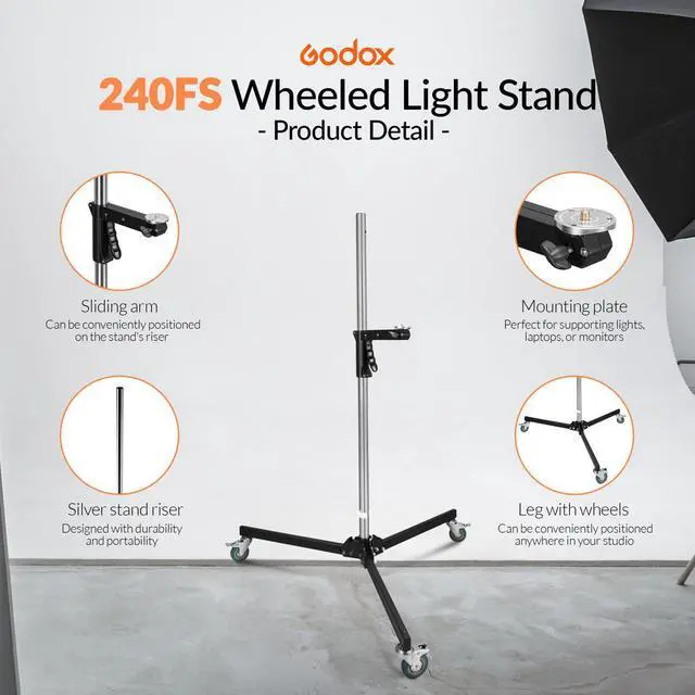 Alt view image 7 of 7 - Godox 240FS 7.9' Wheeled Light Stand, 2-Pack