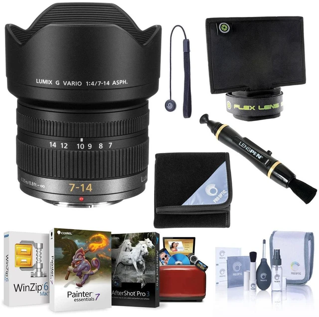 Main image of Panasonic LUMIX G Vario 7-14mm f/4 Aspherical Lens for Micro Four Thirds, Bundle with Lens Wrap, Flex Lens Shade, Cleaning Kit, Lens Cap Tether, Lens Cleaner, Mac Software Kit
