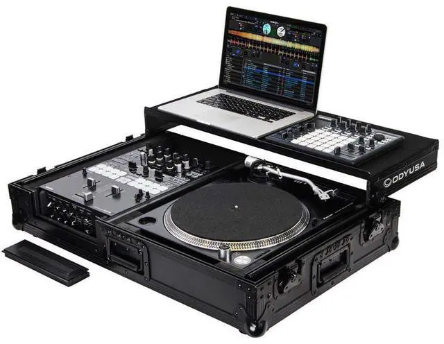 Alt view image 7 of 13 - BLACK LABEL LOW PROFILE (1-TEIR) GLIDE STYLE DJ COFFIN W/WHLS FOR A 10" FORMAT DJ MIXER & ONE TURNTABLE IN BATTLE POSITION