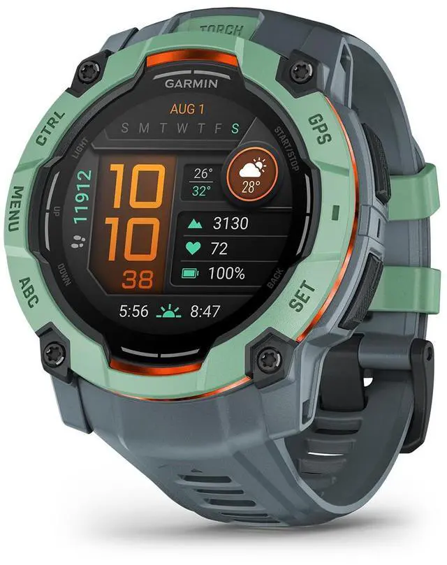 Alt view image 2 of 15 - Garmin Instinct® 3 50mm, AMOLED Display, Rugged Outdoor GPS Smartwatch, Metal-Reinforced Bezel, Built-in Flashlight, Up to 18 Days of Battery Life, Neo Tropic/Twilight
