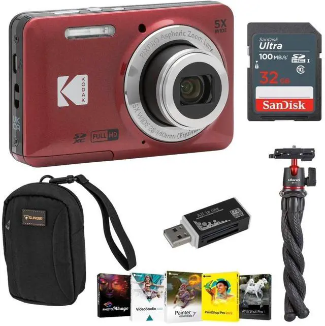 Main image of Kodak PIXPRO FZ55 Friendly Zoom Digital Camera, Red, With SD Card, Camera Bag, Tripod, Photo Editing Software, SD Card Reader