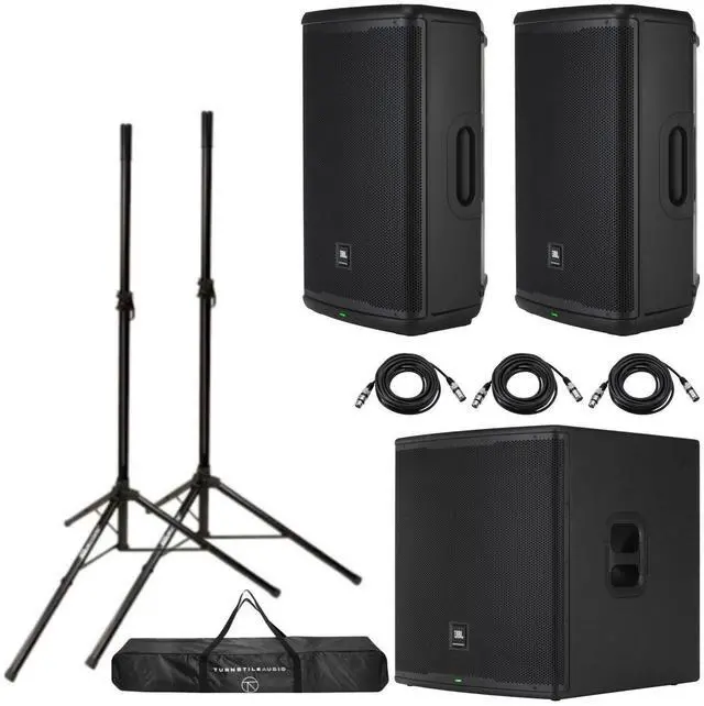 Main image of JBL EON715 15" 1300W 2-Speakers + 18" 1500W Subwoofer + Speaker Stands + 3x XLR
