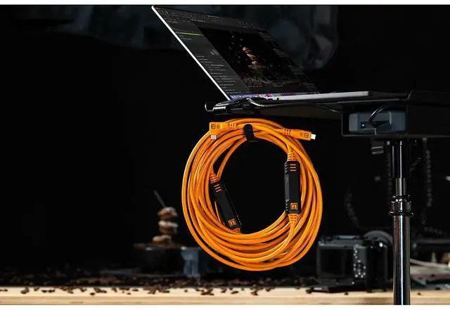 Alt view image 3 of 6 - Tether Tools TetherPro Optima 10G 31' USB-C Straight to USB-C Right Angle Cable, Orange