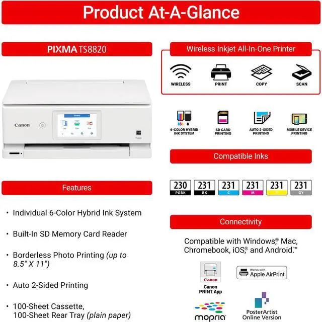 Alt view image 9 of 20 - Canon PIXMA TS8820 Wireless 3 In 1 White Home Printer with Color LCD Touchscreen