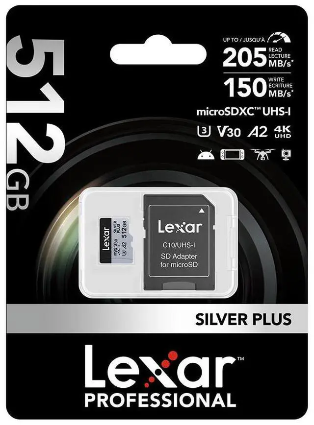 Alt view image 6 of 8 - Lexar Professional 512GB SILVER PLUS UHS-I V30 microSDXC card with SD Adapter